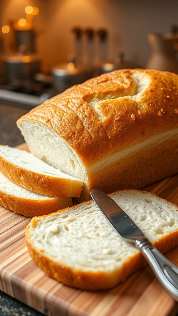 Easy Homemade Sandwich Bread Recipe Freshly baked sandwich bread loaf sliced on a wooden board, showcasing a soft and fluffy interior.